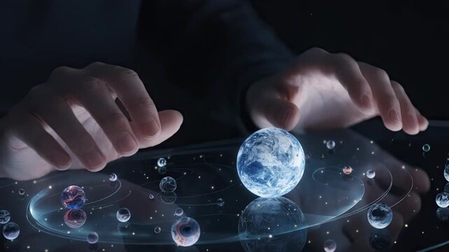 Focused shot of hands interacting with a touchscreen displaying climate scenario modeling tools emphasizing transition risk metrics under a 1.5C stabilization pathway.