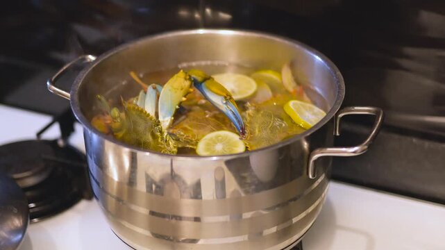 A chef drops fresh blue crabs Callinectes sapidus into a large stainless steel pot filled with boiling water and lemon slices. 4K slow motion footage