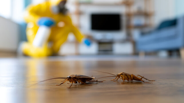 Unwanted Pests: Two Brown Cockroaches Crawl on a Hardwood Floor, While a Pest Control Specialist in a Protective Suit Works in the Blurred Background