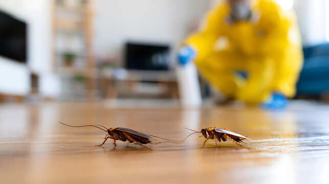 Two Roaches on a Wood Floor with a Pest Control Worker in a Yellow Hazmat Suit Faded in the Background