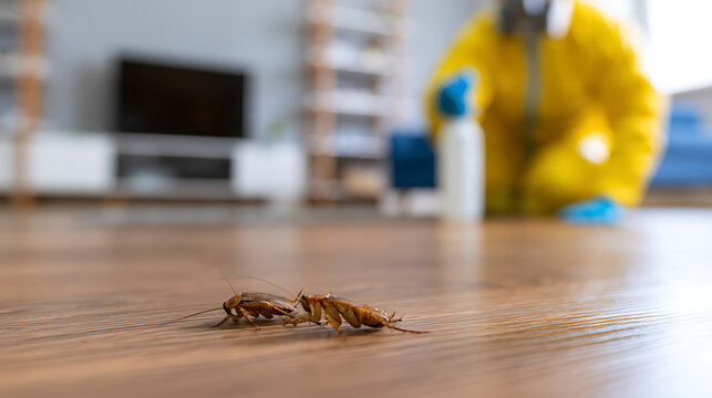 Two brown cockroaches on a wooden floor, with a person in a yellow protective suit and blue gloves in the background specializing pest control