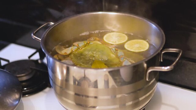 A chef drops fresh blue crabs Callinectes sapidus into a large stainless steel pot filled with boiling water and lemon slices. 4K footage