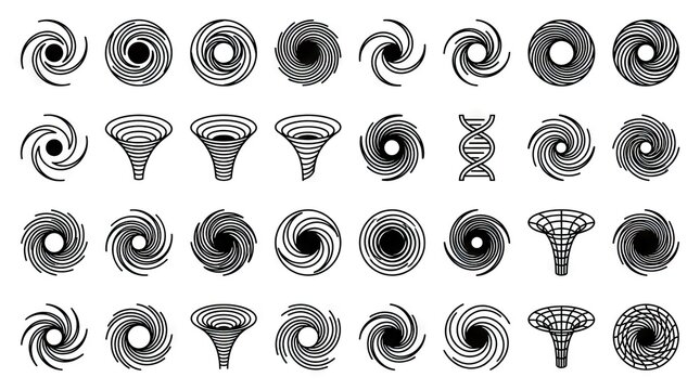 Abstract black spiral vortex and hurricane icons.