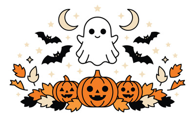 Fototapeta premium Charming halloween illustration with ghost pumpkins bats and crescent moons