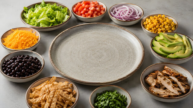 Healthy Southwestern salad is arranged as an elegant deconstructed gourmet dish with every ingredient perfectly separated