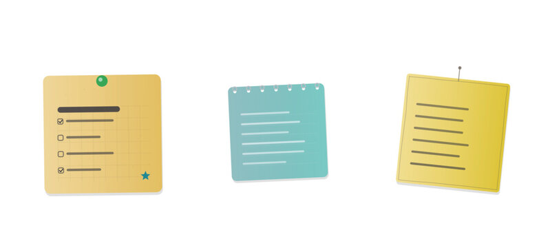 Set of cheerful yellow and teal paper notes, some with checklists and stars, others with lines, office and school stationery for creative planning and reminders.