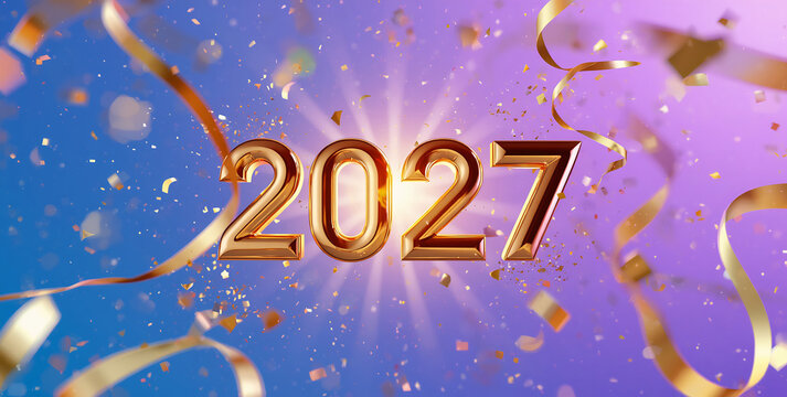 Happy New Year 2027 gold numbers. Festive celebration background with falling confetti.