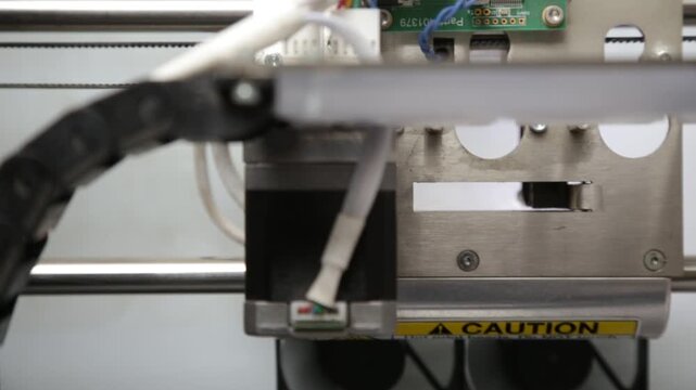 Closeup of a robotic manufacturing machine with a circular drag chain, motors, and wiring. hree dimensional printer during work, 3D printing in action.