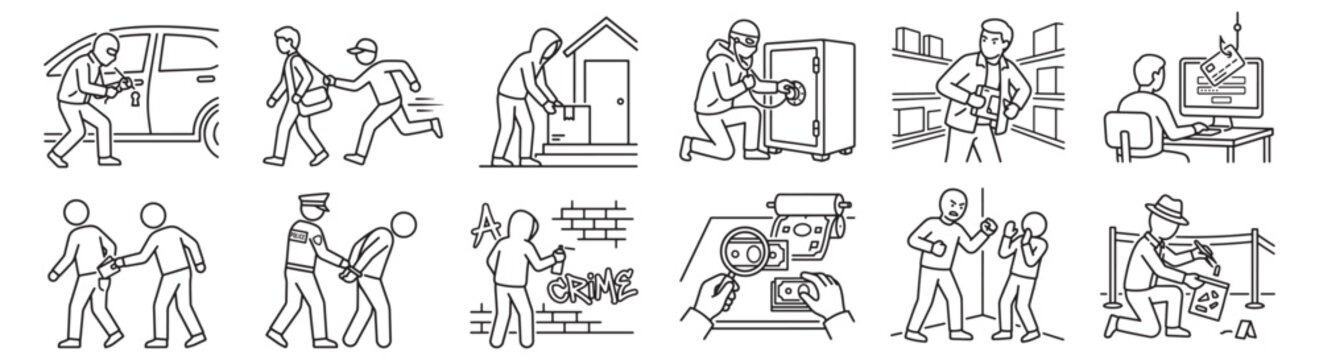 Crime and Theft Icons Set Showing Burglary, Robbery, Vandalism, Cybercrime and Police Arrest Scenes 
