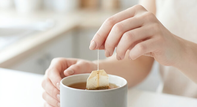 Close-up of a woman brewing tea with a tea bag in a mug.