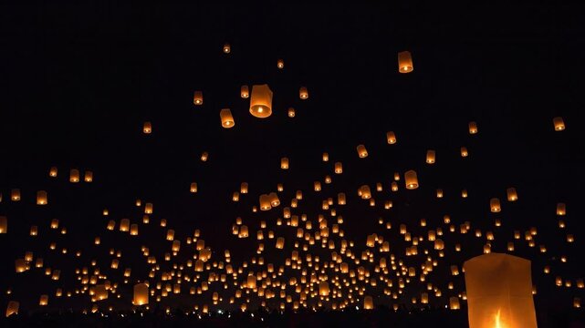 Floating sky lanterns at night
