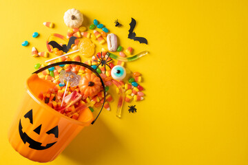 Happy Halloween candy and pumpkin bucket spilling sweets and spooky decorations on yellow background © ActionGP
