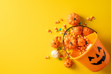 Happy Halloween pumpkin bucket spilling candy corn and small pumpkins on a banner yellow background © ActionGP