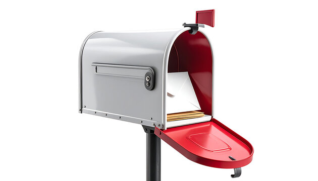 Opened white and red mailbox with letters and package inside, isolated on a plain background