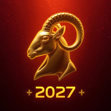 Golden zodiac ram symbol for Lunar New Year 2027 celebration. Shiny goat emblem with year number for festive Asian holiday design.