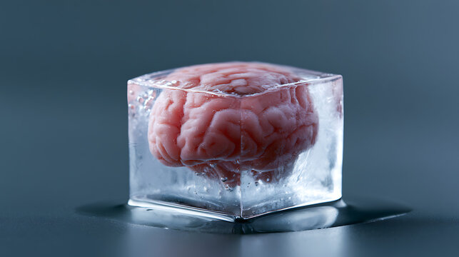 Conceptual image of a human brain enclosed within a clear ice cube, symbolizing frozen thoughts, preservation, or mental block on a dark surface