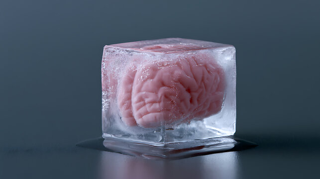 Conceptual image of a pink brain frozen inside a clear ice cube on a dark background, representing preservation, stasis, or a "brain freeze" metaphor