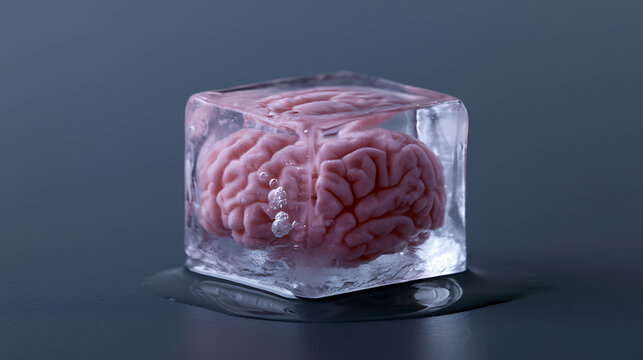Conceptual image of a brain encased within a clear ice cube, symbolizing frozen thoughts, mental block, or preservation of intellect against a dark background