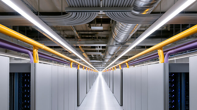 Modern data center corridor with long rows of server racks, network cables, and illuminated lighting create a futuristic, efficient infrastructure