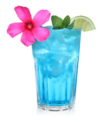 Cocktail in glass decorated with hibiscus flower and lime slice isolated on white © New Africa