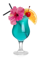 Cocktail in glass decorated with hibiscus flower, maraschino cherry and orange slice isolated on white © New Africa