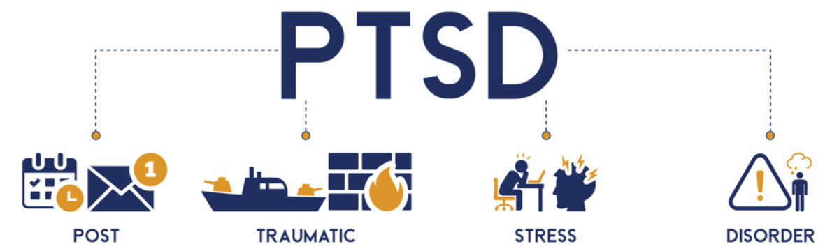 PTSD banner web icon vector illustration concept of post, traumatic, stress and disorder with icon of calendar, time, rocket attack, war, house on flame, headache and disability