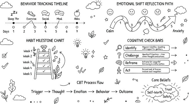 Behavior Tracking and Emotional Wellness Icon Set with Habit Milestone Chart, CBT Process Flow, and Cognitive Symbols