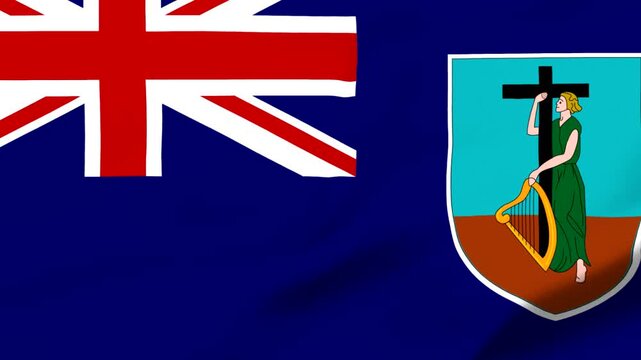 British overseas territory flag with coat of arms featuring harpist