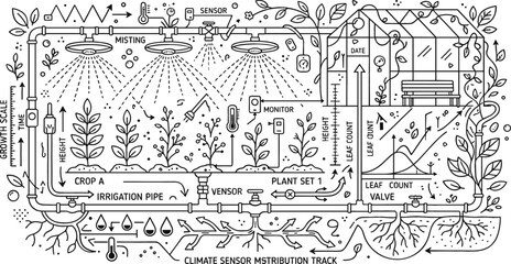 Fototapeta premium Smart Farming Irrigation Icon Set with Crop Sensor, Greenhouse, Growth Chart, and Climate Monitoring System Illustration