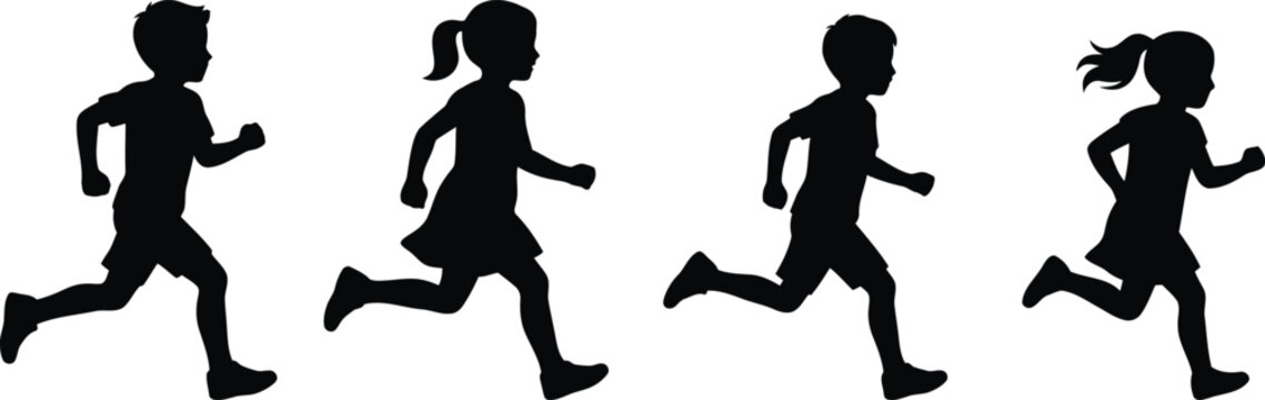 Children running silhouette set featuring boys, girls, sprinting, jogging, active kids, fitness, sports, and outdoor recreation vector collection