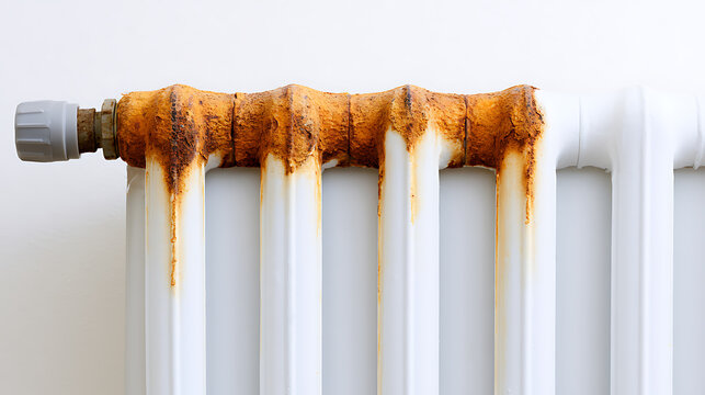Close-up of a damaged, rusty heating radiator with orange corrosion marks and streaks on a white wall, needing repair or maintenance