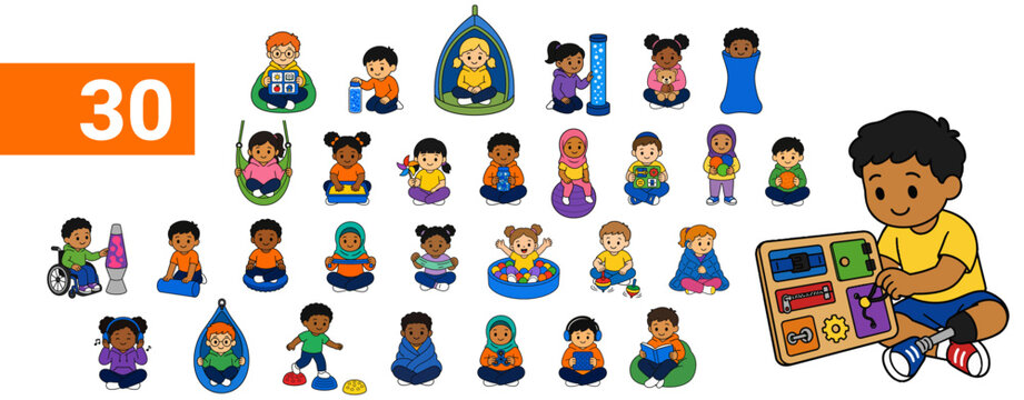 Inclusive and Diverse Kids Sensory Activities Vector Set