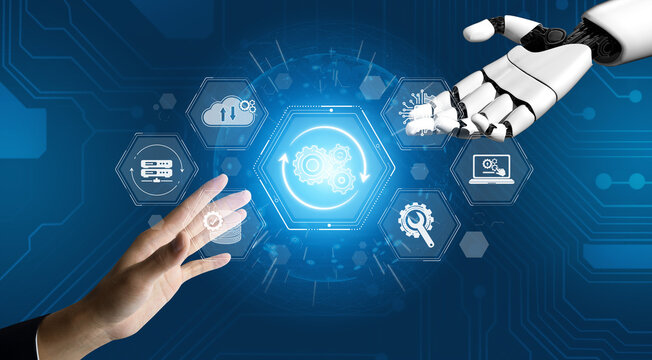 Human and robotic interaction showcasing artificial intelligence and technology in a futuristic environment with gears and digital elements Sigmoid