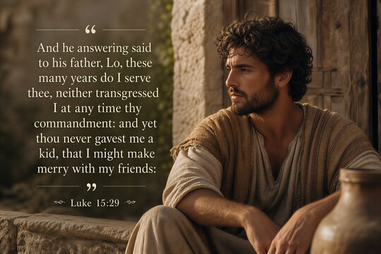 Older Brother's Resentment: A Tense Family Scene from Luke 15:29, Highlighting Themes of Loyalty, Justice, and Unmet Expectations.