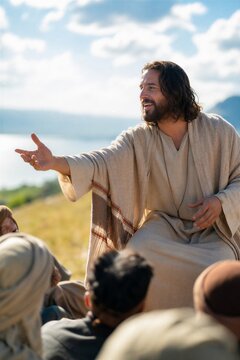 Dynamic Sermon on the Hillside: Jesus Teaching an Engaged Audience with Vibrant Energy and Profound Spiritual Guidance.