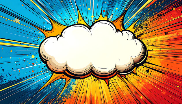 Pixel art comic book explosion bubble with space for text, vibrant blue and orange radial background, dynamic burst effect