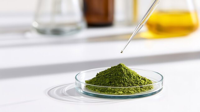 Green powder in a petri dish with a dropper above, suggesting scientific research, formulation, or cosmetic development
