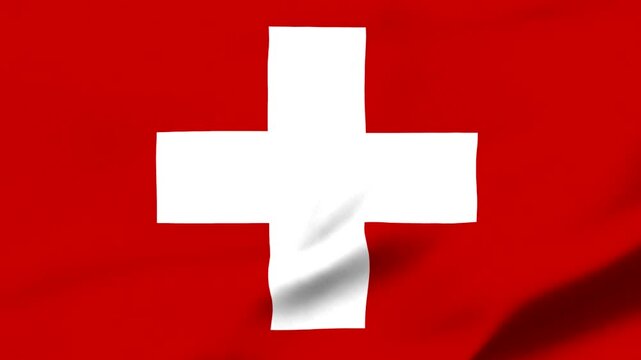 Swiss flag with white cross on red background waving in wind