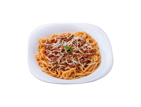 Spaghetti pasta on a plate with bolognese sauce, basil and parmesan cheese isolated over white background