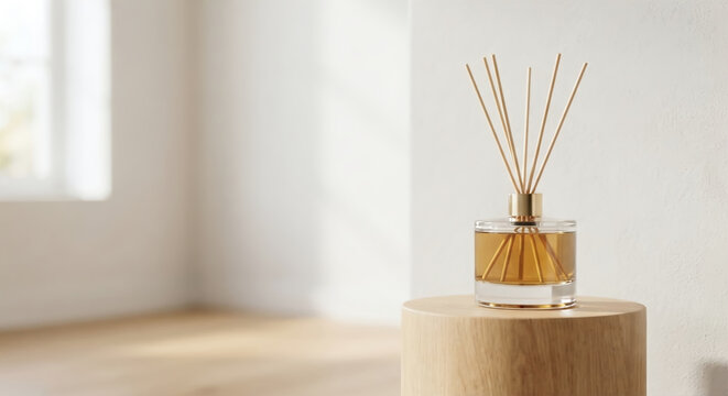 Reed diffuser with wooden stand in a bright, minimalist interior.