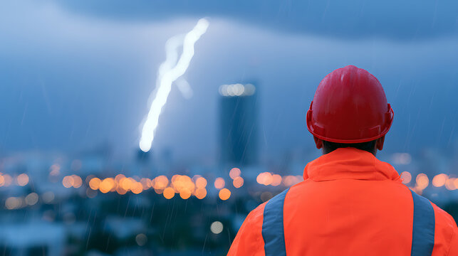 Rear view of a worker in an orange safety jacket and red hard hat looking at a lightning strike over a blur city during a storm