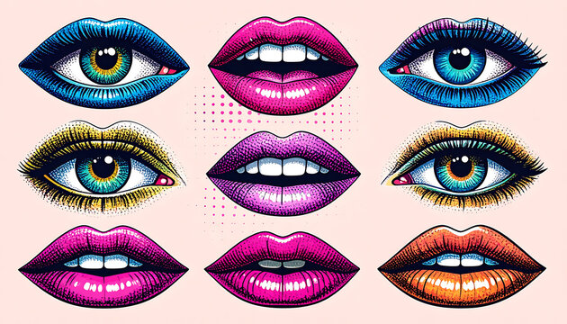 Pixel art eyes and lips in vibrant pop art style, bold colors, retro aesthetic, graphic design elements