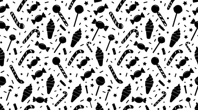 Sweet Candy Seamless Pattern with Black Silhouette Icons of Lollipops, Ice Cream Cones, Candy Canes, and Sprinkles for Birthday and Dessert Background Designs