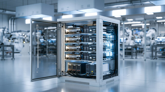 Open equipment cabinet holds rack-mounted servers, power units, and bundled cables in a bright automated production facility with blurred robotic machinery behind