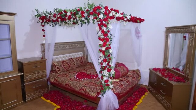 Decorated bedroom interior with floral canopy with bed gold furniture interior with interior featuring, arrangement, traditional, decoration