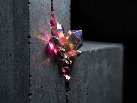 Bismuth crystals growing from dark concrete