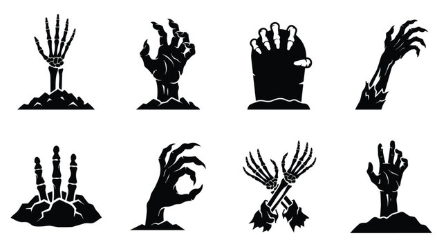 Zombie and skeleton hands emerging from ground Halloween silhouette collection.