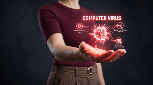 Businesswoman Holding Red Computer Virus Hologram