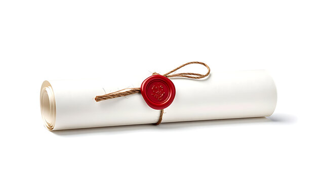 Rolled white paper document sealed with red wax stamp and tied with twine, isolated on white background