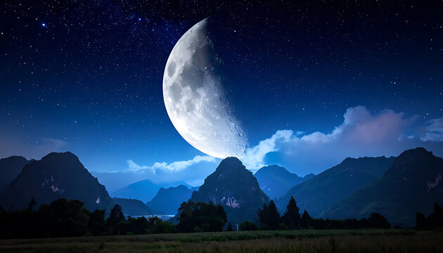 Pixelated moon hanging over dark mountains under a starry night sky, digital art landscape